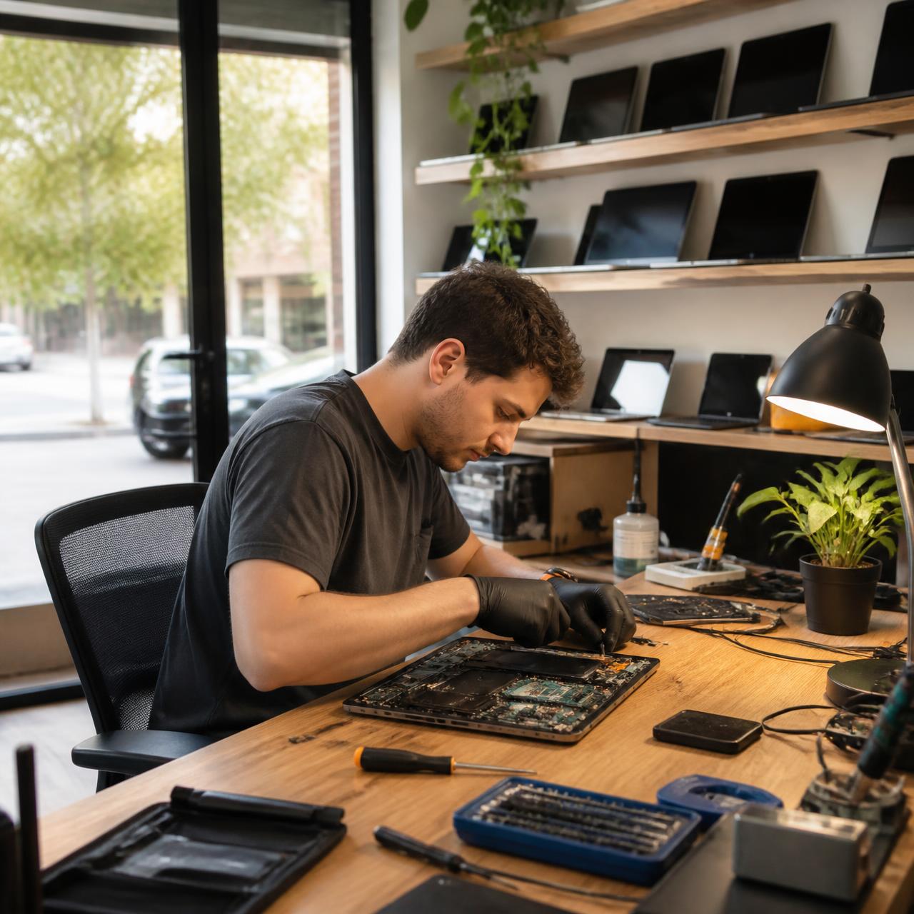 Technician repairing a laptop inside the Compu-Master shop