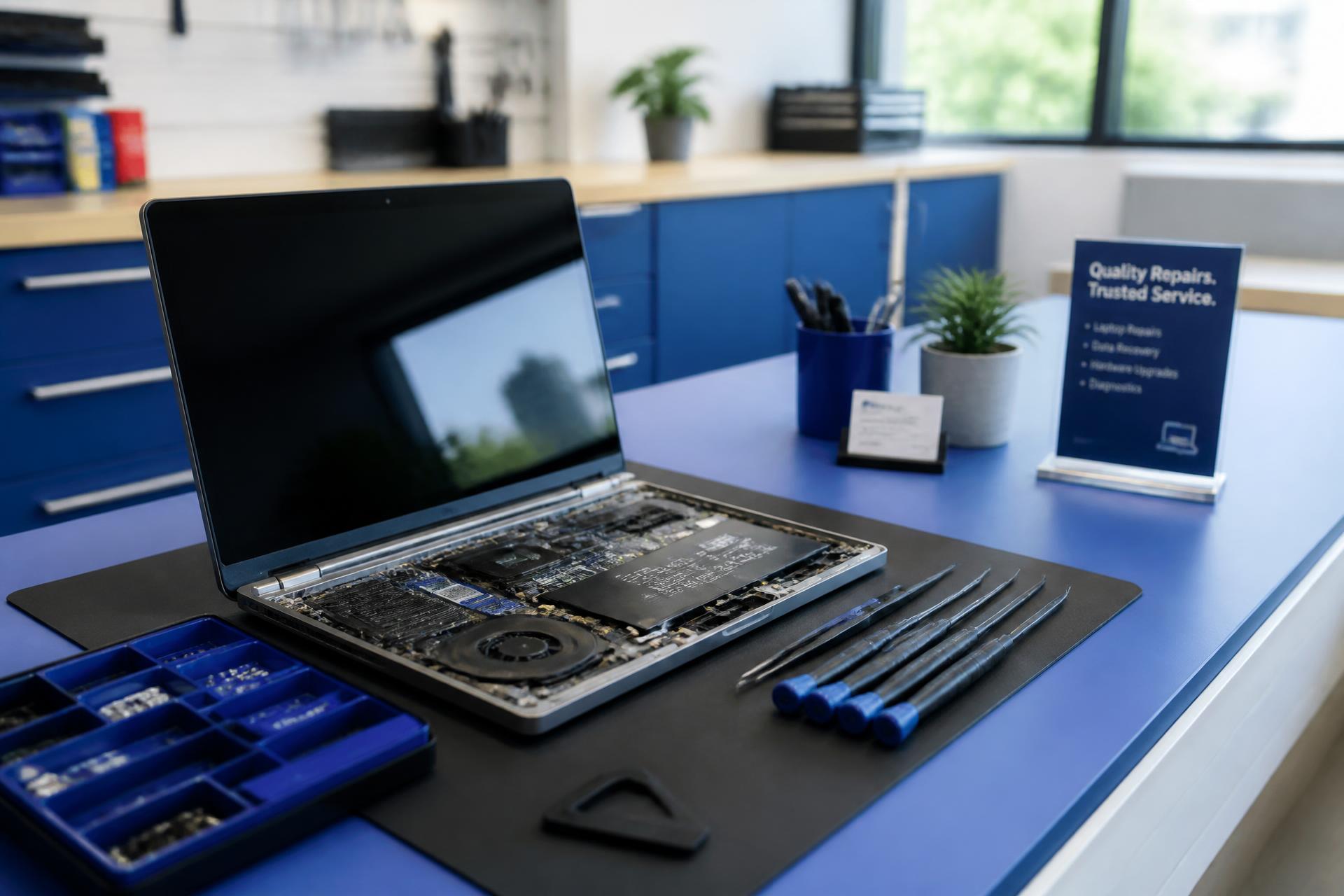 Laptop opened on a Compu-Master repair bench with precision tools